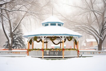 gazebo surrounded by snow-laden trees