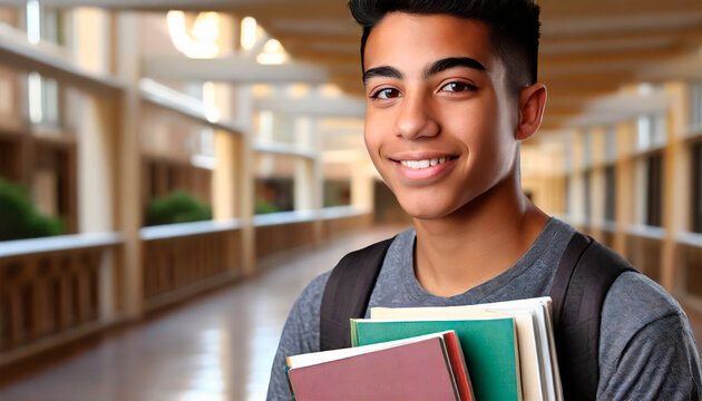 Estudiante de bachillerato latino en pasillo de escuela
