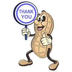 vector vintage illustration of cute peanut mascot character giving a thumbs up while holding a sign that says thank you, work of handmade