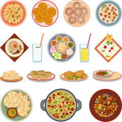 Indian cuisine icons set cartoon vector. Butter food. Masala curry naan