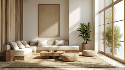 Modern Minimal clean contemporary living room white walls wood furniture home interior design daylight background,beige sofa couch in living room daylight from window freshness moment mock up interior