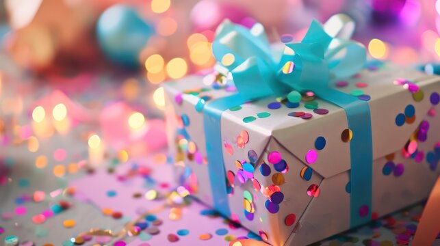 A close-up of a colorful birthday gift box adorned with a ribbon