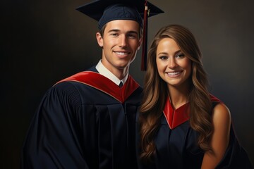 Portrait of two smiling graduates in cap and gown against a dark background.