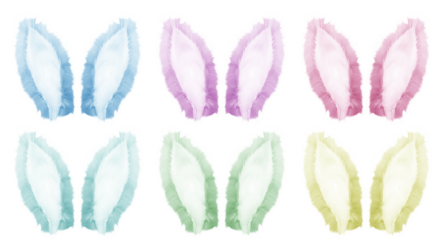 Set of pair of fur furry pastel pink purple blue green yellow bunny rabbit hare ears isolated on transparent background cutout, PNG file. Many different colours. Mockup template for artwork design - Powered by Adobe