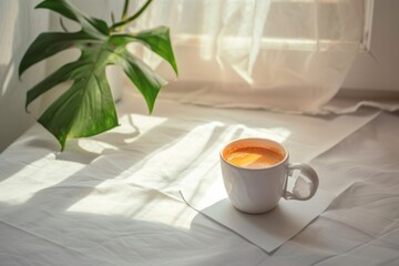 Fototapeta na wymiar Watercolor painting of cup of coffee with sun light from window white background.