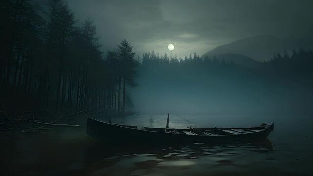 Specks of light from a waning moon reflecting off the foggy lake and revealing a phantom hovering at its shore.