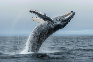 Humpback Whale Breaching in Ocean with Splash - obrazy, fototapety, plakaty