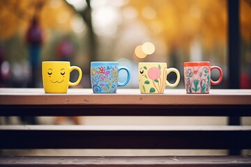 colorful mugs of hot beverage on bench - obrazy, fototapety, plakaty