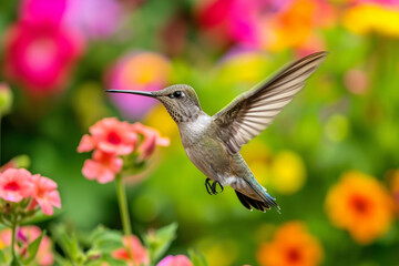 Naklejka premium Hummingbird Hovering in Vibrant Flower Garden