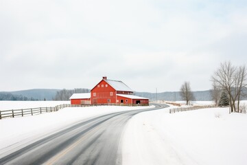 red barn seen from a snowy rural road curve