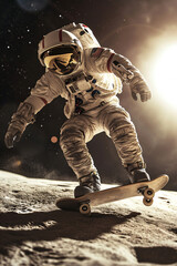 Naklejka premium A US American astronaut riding a skateboard across the moon.