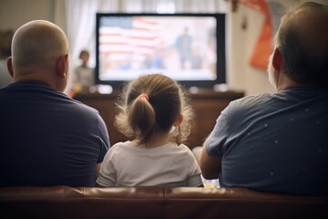 family watching news of invasion on tv - obrazy, fototapety, plakaty
