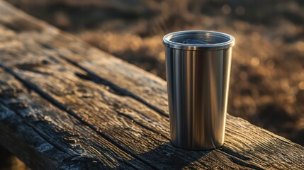A stainless steel tumbler placed on a wooden table for promotional purposes. Blank space is available for customization - obrazy, fototapety, plakaty