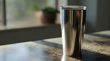 A stainless steel tumbler placed on a wooden table for promotional purposes. Blank space is available for customization