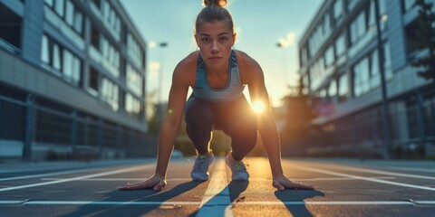 Female athlete, runner in preparation pose on a running track in a sports stadium.