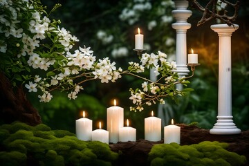 Illustrate a serene garden setting with a white flowering branch and three white candle lights, establishing a contemplative background for moments of serenity.