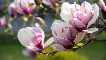Magnolia flowering in the garden, with copy space