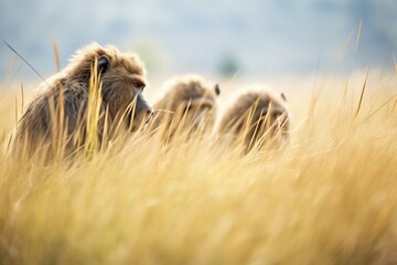 troop of baboons foraging in grassland