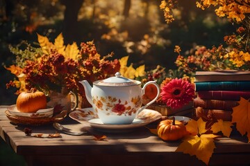 Naklejka na ściany i meble 1. Illustrate the tranquility of a peaceful autumn garden, with a focus on a bouquet of flowers, a croissant, a cup of tea or coffee, and books enjoyed in quiet moments.