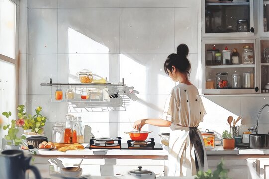 Cute watercolor painting of woman do homemade cooking cozy home.