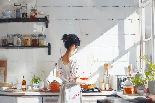 Cute watercolor painting of woman do homemade cooking cozy home.