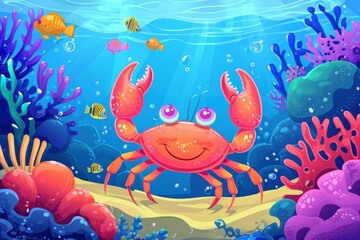 Fototapeta na wymiar Cartoon crab with beautiful underwater world. Vector illustration cartoon style