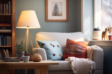 cozy reading nook with a lamp and a pile of books - obrazy, fototapety, plakaty