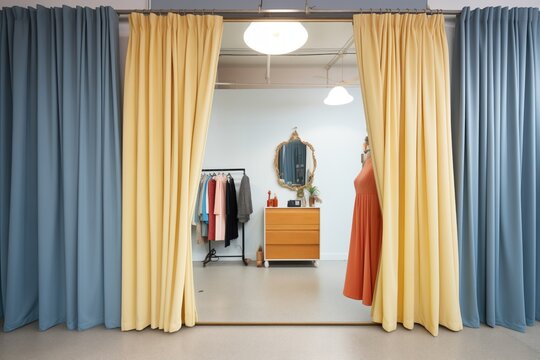 boutique fitting room with a mirror and curtain