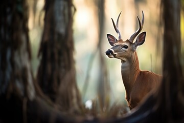 bushbuck in the shadows of towering forest trees