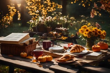 Naklejka na ściany i meble 1. Illustrate a garden retreat during the autumn season, highlighting a bouquet, a croissant, a cup of tea or coffee, and books arranged on a charming table.