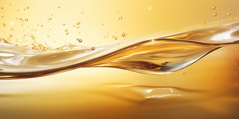 Splashes and drops of liquid oil. Fresh Olive or motor engine oil nature golden colour close-up. shine yellow cosmetic oil or cosmetic essence liquid drop with background - obrazy, fototapety, plakaty