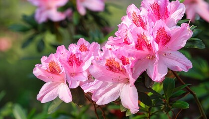 Azalea flowering in the garden, with copy space