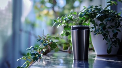 A stainless steel tumbler placed on a wooden table for promotional purposes. Blank space is available for customization