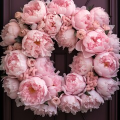 A wreath of pink peonies on a door