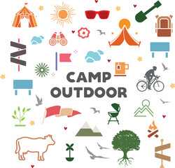 Travel Event. Camping vector logo template for your design. Tourist tent, forest, camp, trees, Camp badges, labels, banners, brochures.