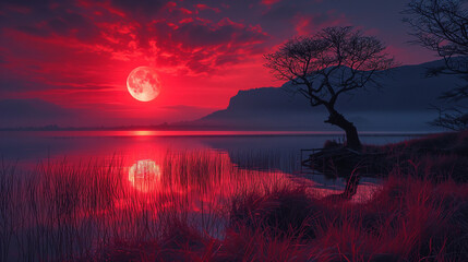blood moon over the lake