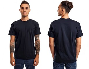 image of male in blue t shirt, Male model wearing a blue half sleeves tshirt front view and back view tshirt mockup - obrazy, fototapety, plakaty