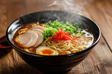 A steaming bowl of ramen - local Japanese noodles, savory broth, and an array of fresh toppings