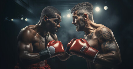 Fototapeta na wymiar Boxer Man with Sparring Partner on Ring Background