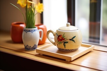 a ceramic teapot and cup set on a bamboo tray in a cozy nook