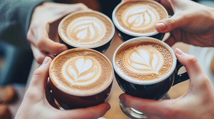 People cheer for coffee together in an office, The International Coffee Day concept, friends enjoy a cup of coffee or cappuccino