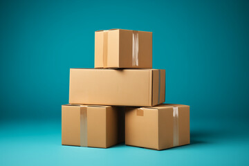 Obraz premium Pile of various size taped up cardboard boxes isolated on turquoise blue background.