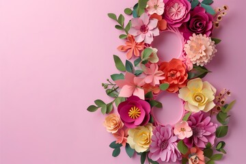 Number 8 made with paper flowers papercut style on pink background flat lay for international womans day