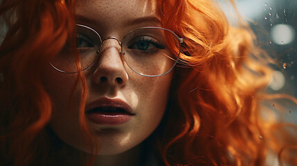 Obraz premium Unique Elegance: Close-up of a Redhead with Freckles and Glasses, Generative AI