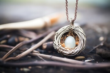 a moonstone pendent in a birds nest on the ground - obrazy, fototapety, plakaty