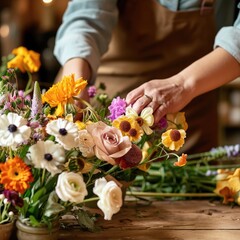 A florist arranging a colorful spring bouquet. 