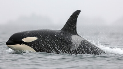 An orca whale breaching the ocean's surface, creating a splash against a foggy back