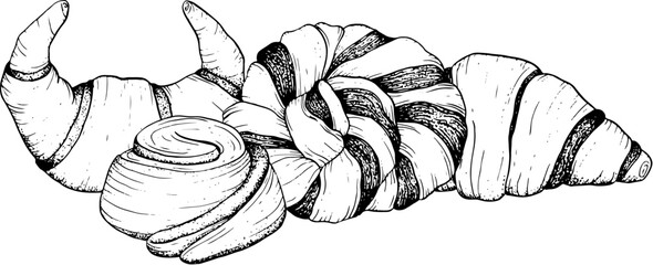 Pastry croissants and cinnamon chocolate braided buns vector graphic ink illustration for breakfast and coffee break designs. Delicious fresh food from bakery - obrazy, fototapety, plakaty