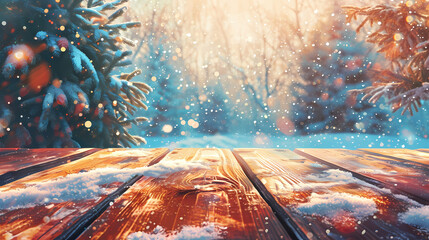 Winter Holiday Background with Snowy Table and Christmas Tree