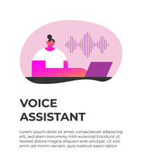 Voice assistant. Voice recording using AI. Artificial intelligence robot conversation with a human. Flat banner vector illustration.